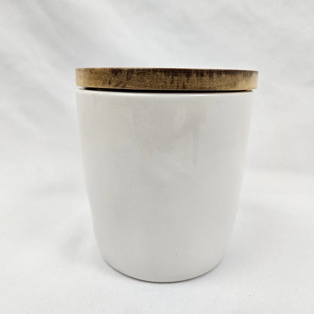 Rae Dunn Ceramic Salt Cellar Canister with Wooden Lid Farmhouse Decor White